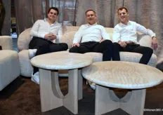 Iwan van Geest, Peter de Lijster, and Sem Renders (new account manager for Belgium) from Asiades and Arocca, seated on the Scandinavian design sofa Jena.