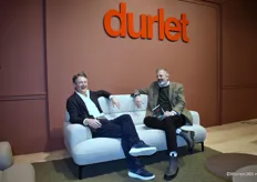 Jean-Luc Van Rompaey with Vincent Govaert from Durlet, seated on the Ohio, a sofa designed by Anita Schmidt.