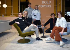 The Artifort team, from left to right: Maurits van der Lande, Heidi Verstegen, Floris van der Lande, Susan Kruidenier, Kees Tol, and Annemijn Evers. With the theme Bold Visions, they launched new additions to the Arris sofa collection and showcased Shark with a unique swivel disc base. Also, the design classic F506 by designer Geoffrey D. Harcourt was presented to the public for the first time.