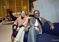 Claire and Roderick de Vos from Studio Roderick Vos showcasing the new Tweak sofa, which he designed for Pode Design Furniture. It is a contemporary modular sofa available in round elements and also as a straight or corner sofa.
