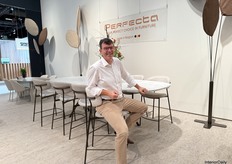 Anthony Vanderschelden from Perfecta on one of the new products from the Belgian brand, the Livio barstool.