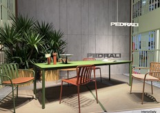 Pedrali returned as an exhibitor this year. This photo showcases some of their latest novelties, including the ALU aluminum table.