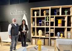 Thomas and Ariadna from Calma Outdoor by the wall full of new lighting designs. New colors and sizes were presented.