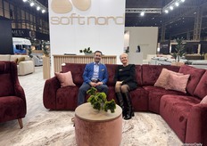 Renata Šilinskienė, Sales Director at SoftNord, and Daryl Drylie, UK Sales Manager, showcasing the newest Modular Hydra Collection, specially adjusted for the UK market with a unique double back cushion for added height.