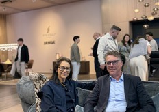 Nicole Berendsen and Sander de Geus from Freifrau on the Marie sofa. Eloa Unique Lights in the background.