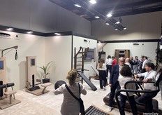 The WaterRower / NOHrD booth showcased wood designs paired with Italian fabrics for its gym equipment.