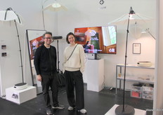 Justus and Nina at the unfolding lamp that greets you, called Bloomlight S by Vouw.
